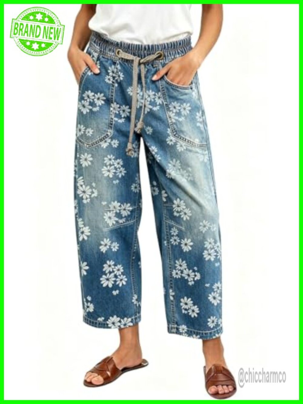 Wide Leg Cropped Jeans Floral Barrel Sweatpants Elastic Waist Patchwork Denim